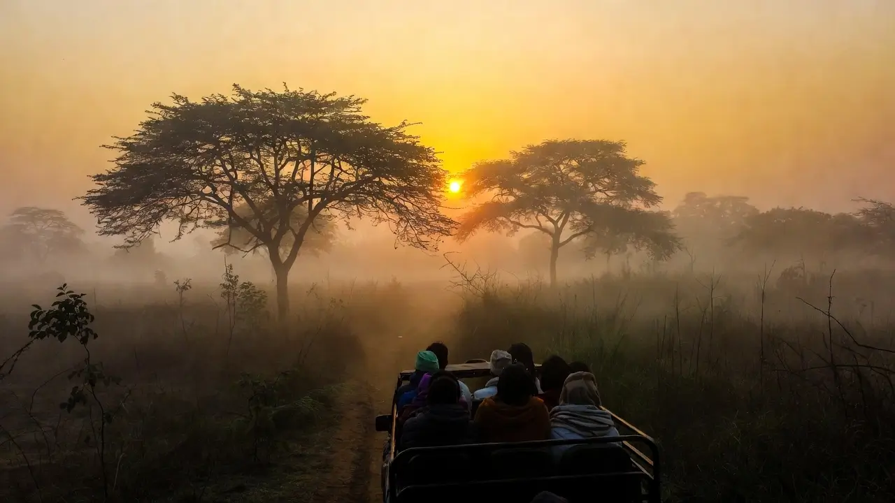 Morning safari jeep in Rajaji National Park at sunrise with tourists in warm clothing